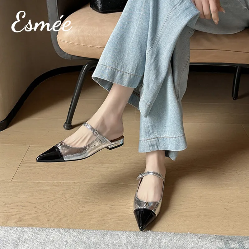 Leather Mules with Black Toe Cap