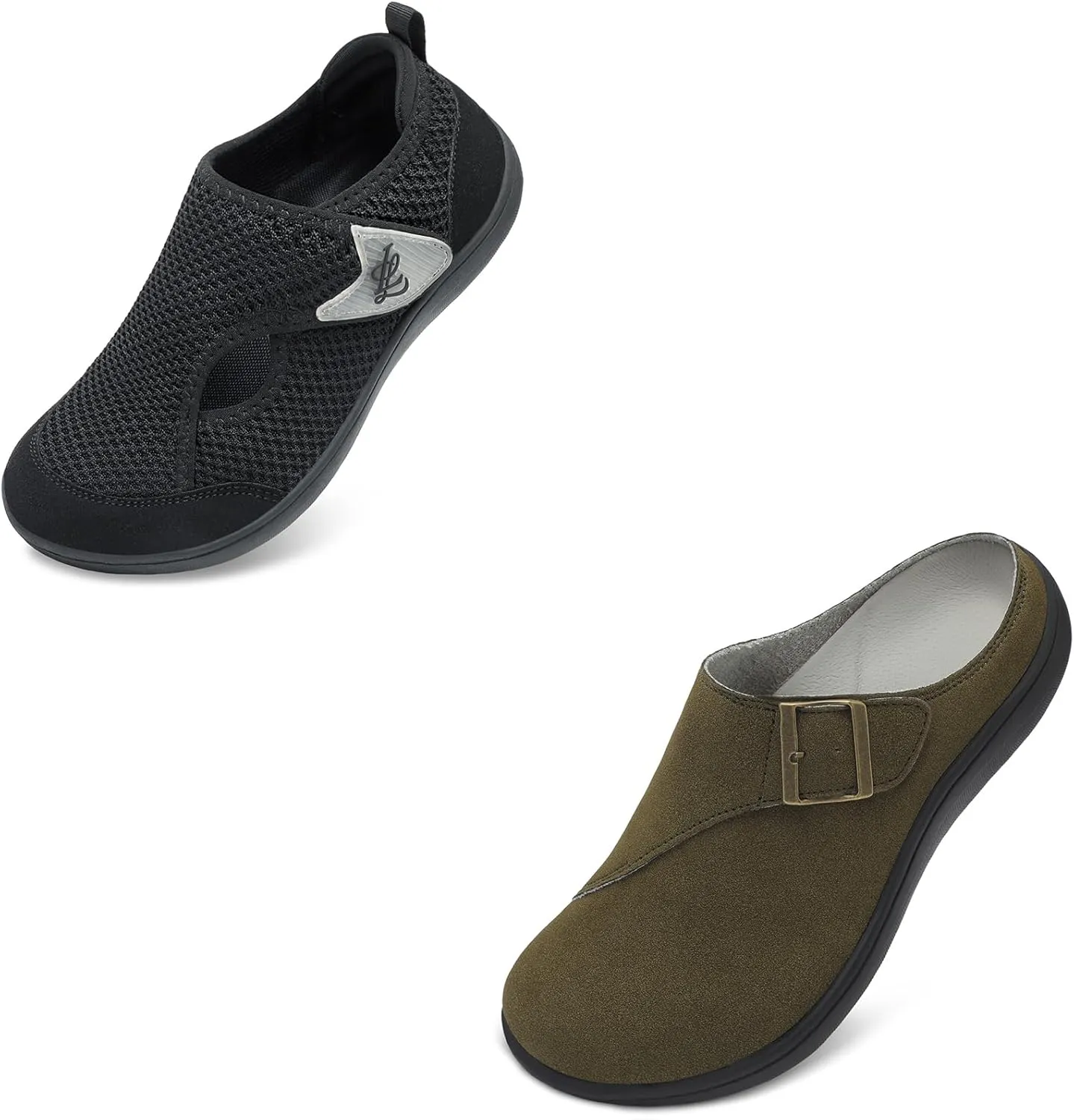 LeIsfIt Women's Wide Diabetic Adjustable Shoes Black and ArmyGreen Size 9