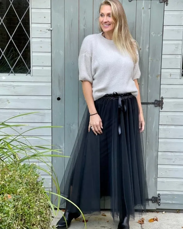 Long Pleated Tulle Skirt - Black