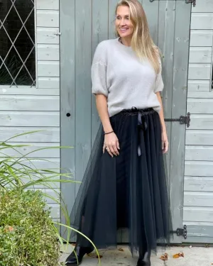 Long Pleated Tulle Skirt - Black