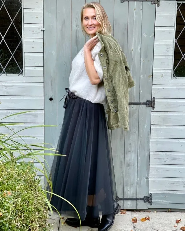 Long Pleated Tulle Skirt - Black