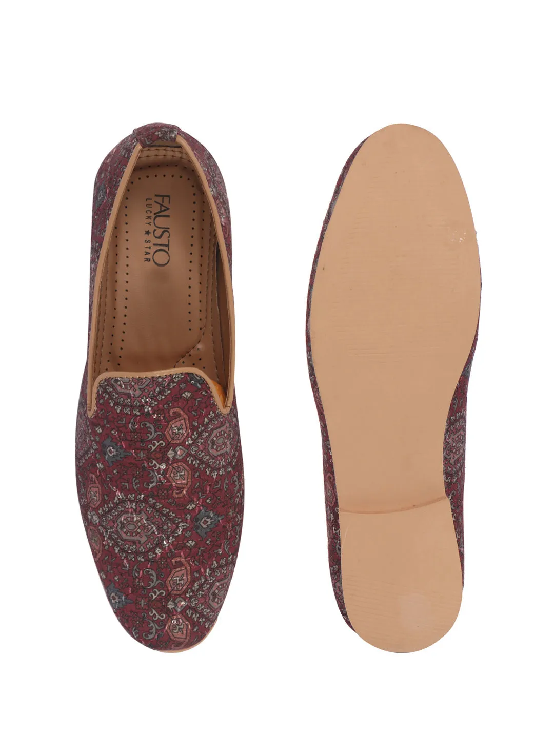 Men Maroon Handcrafted Designer Ethnic Loafers|Traditional Printed Jutti|Slip-On Wedding Sherwani Kurta Mojaris