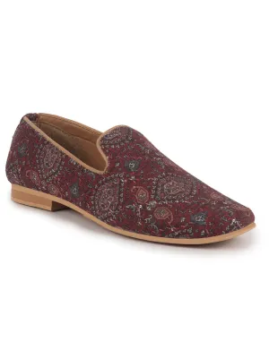 Men Maroon Handcrafted Designer Ethnic Loafers|Traditional Printed Jutti|Slip-On Wedding Sherwani Kurta Mojaris