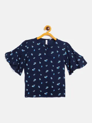Navy Blue Printed Round Neck Top