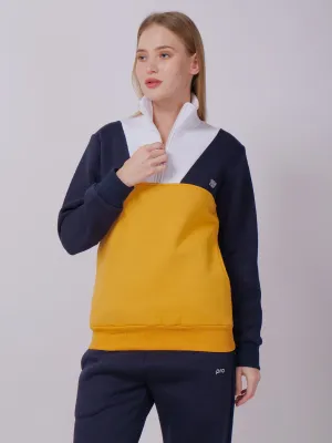Navy-Mustard Color Block Half Zipper Sweatshirt