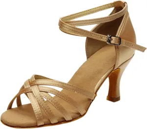 oiangi Women's Satin Latin Dance Shoes Fashion Open Toe Ankle Straps Buckle Mid Heel Sandals Ballroom Salsa Tango Professional Performance Practice Dancing Shoes