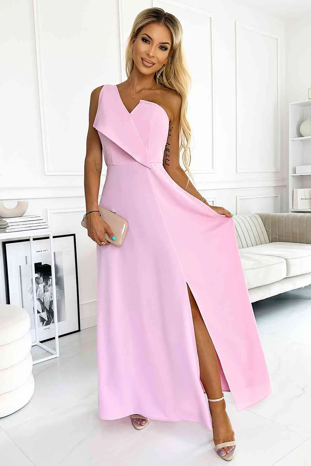 One-Shoulder Sleeveless Maxi Dress | Formal Solid Asymmetrical Polyester Gown