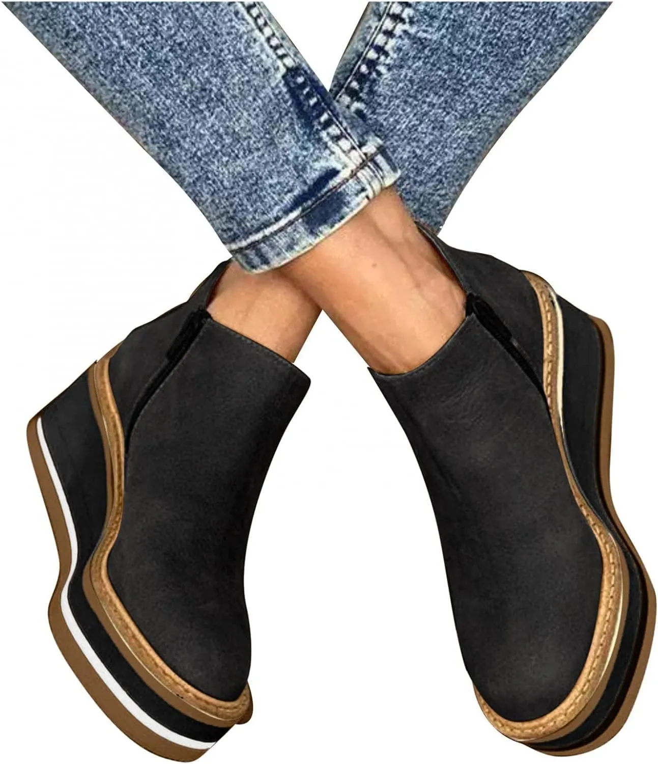 Platform Wedge Ankle Booties for Women, Ladies Fashion Casual Leather Round Toe Chunky Bottom High Heels Ankle Boots,Winter Fall Dress Short Boots Fashion High Top Sneakers Walking Shoes