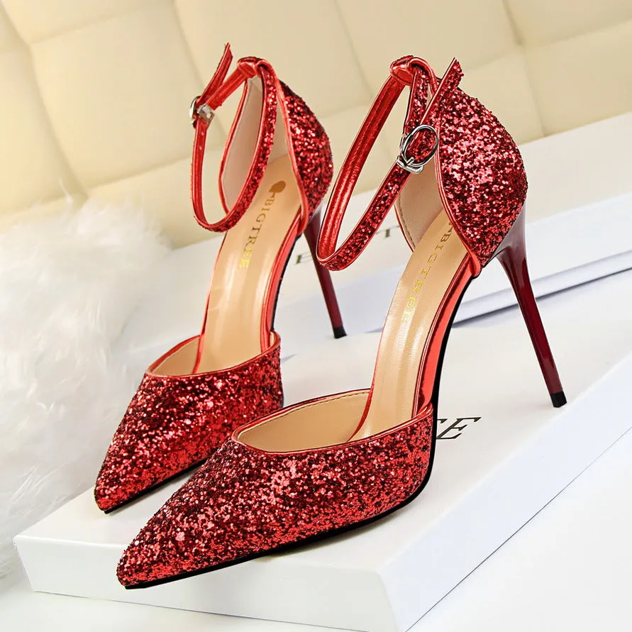 Sexy Nightclub Women's Pointed-Toe Metallic Stiletto Heels Sandals