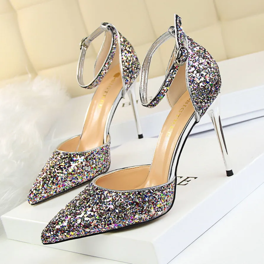 Sexy Nightclub Women's Pointed-Toe Metallic Stiletto Heels Sandals
