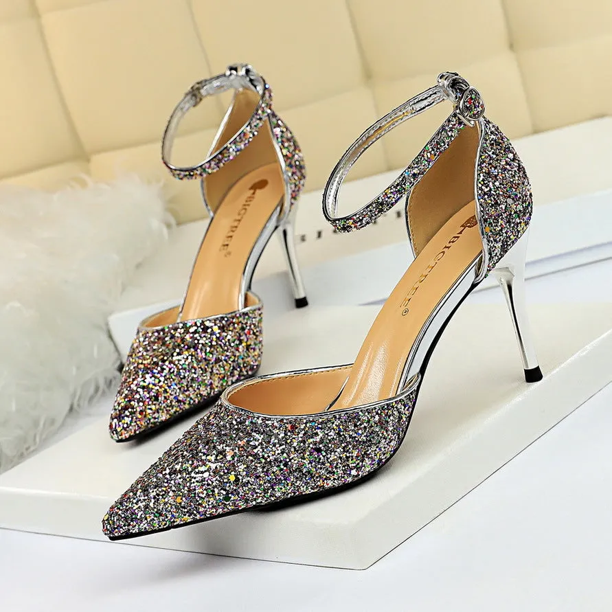 Sexy Nightclub Women's Pointed-Toe Metallic Stiletto Heels Sandals