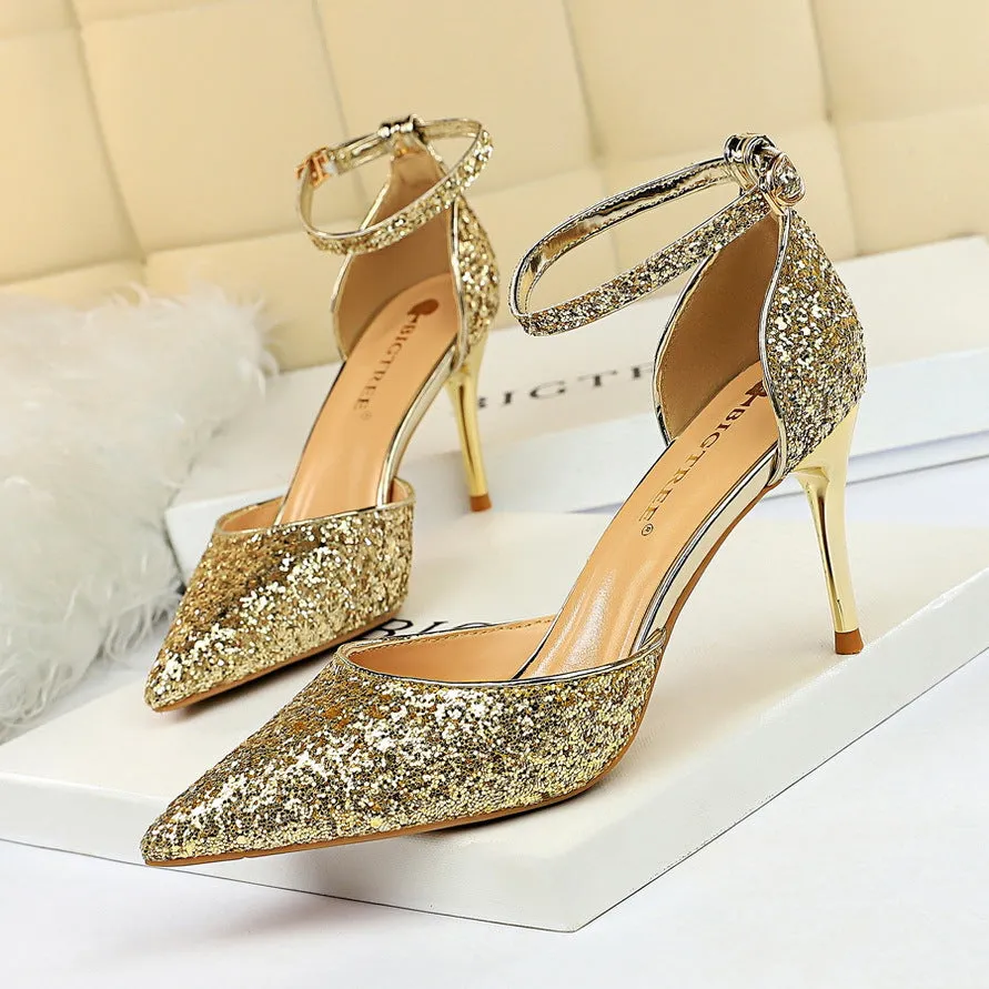 Sexy Nightclub Women's Pointed-Toe Metallic Stiletto Heels Sandals