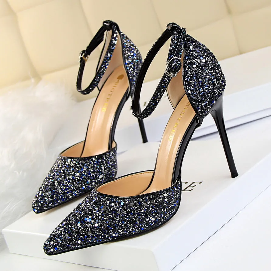 Sexy Nightclub Women's Pointed-Toe Metallic Stiletto Heels Sandals