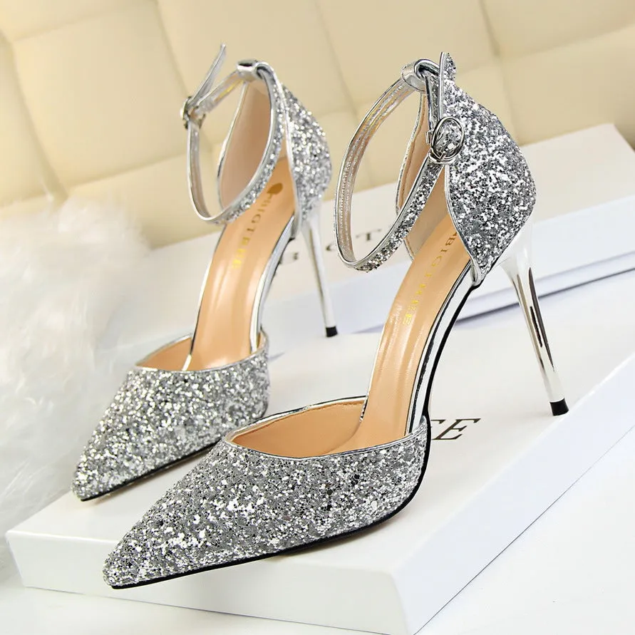 Sexy Nightclub Women's Pointed-Toe Metallic Stiletto Heels Sandals