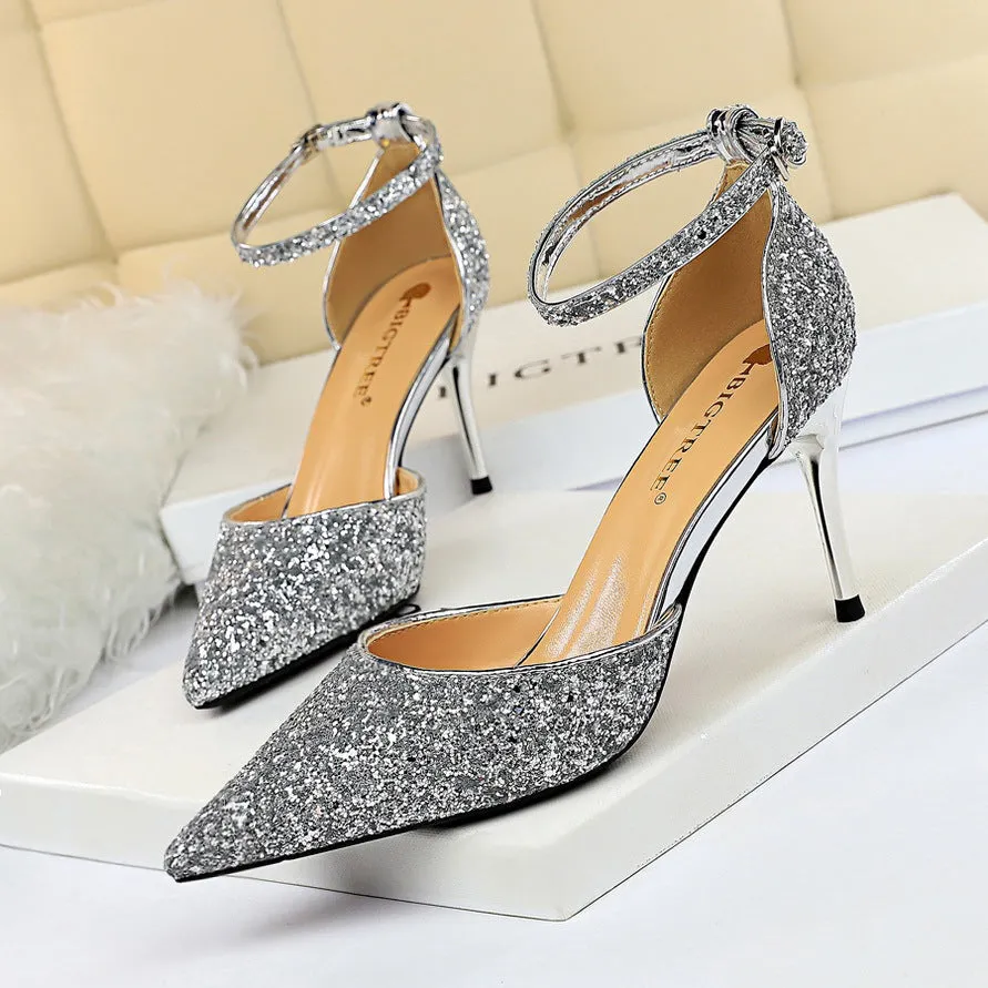 Sexy Nightclub Women's Pointed-Toe Metallic Stiletto Heels Sandals