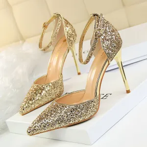 Sexy Nightclub Women's Pointed-Toe Metallic Stiletto Heels Sandals
