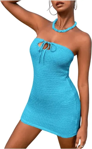 SHENHE Women's Strapless Tie Front Cut Out Backless Tube Dress Bodycon Mini Dress SHENHE Women's Strapless Tie Front Cut Out Backless Tube Dress Bodycon Mini Dress