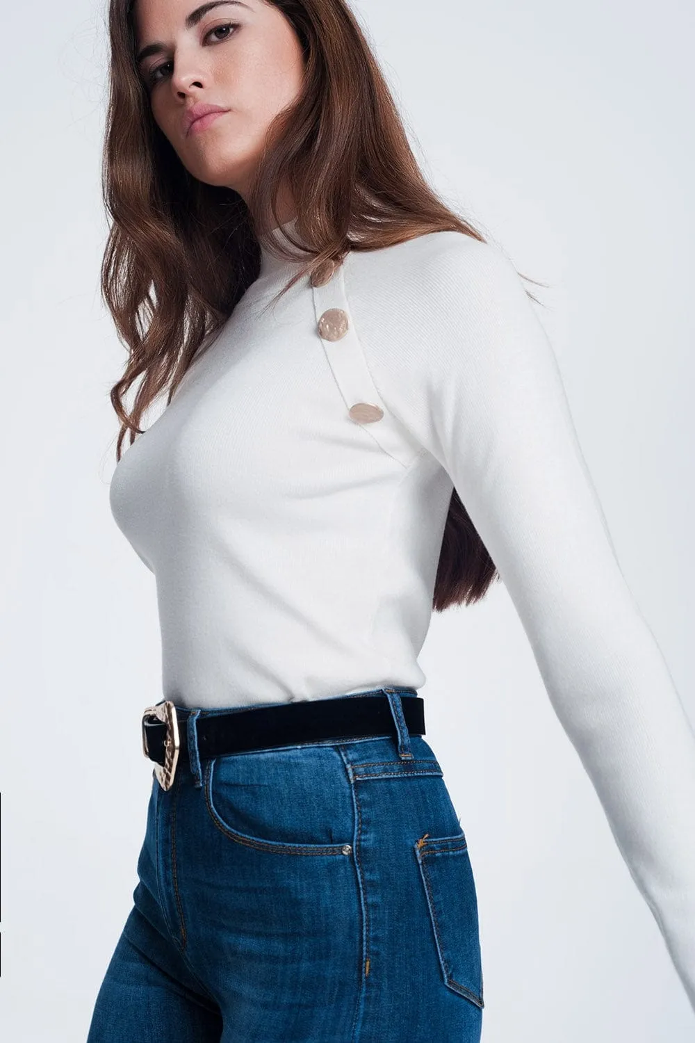 Sweatshirt With Button Detail In Cream