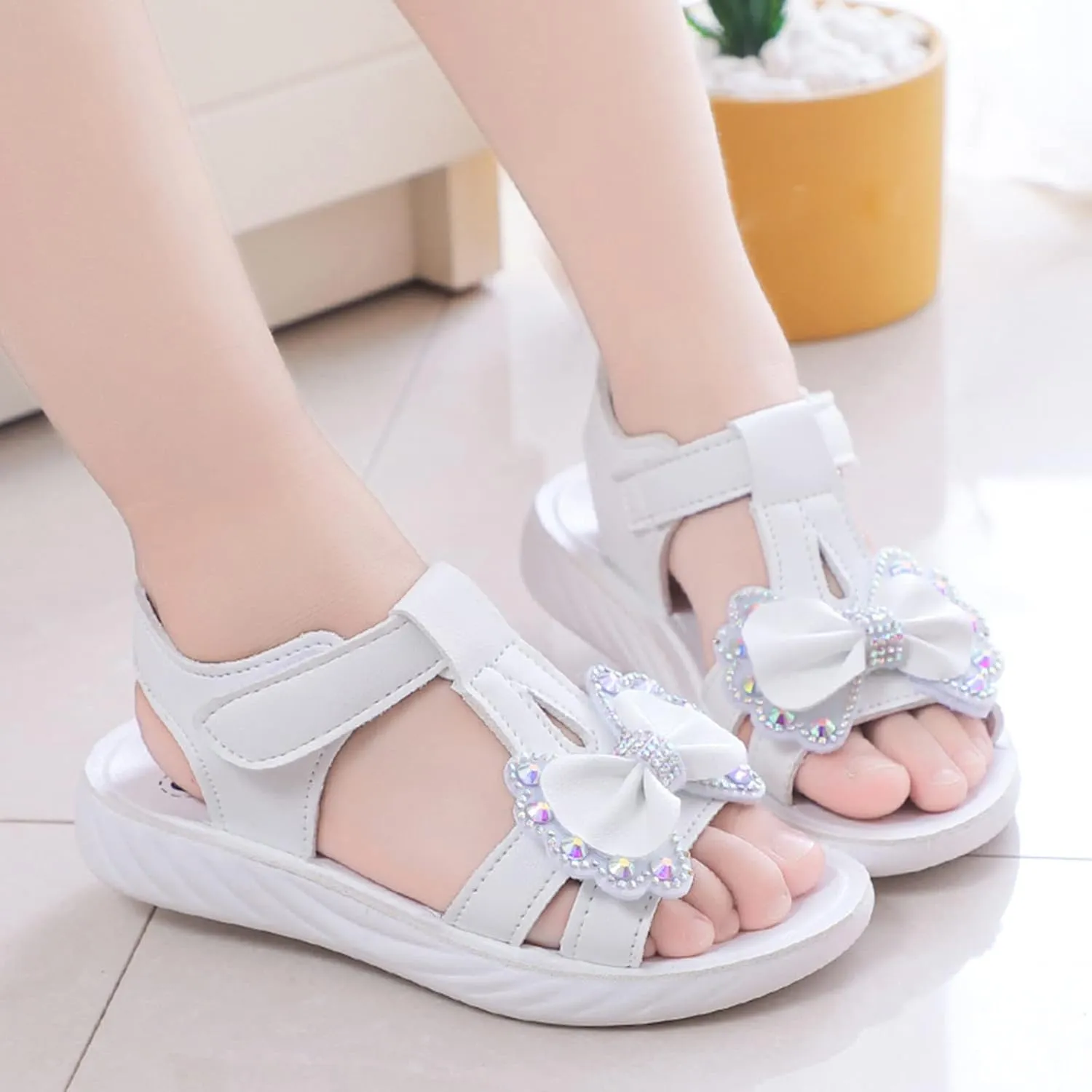 Toddler Children Girls Sandals Bow School Dress Shoes Close Back Round Toe Anti-Slip Platform Flat Sandal