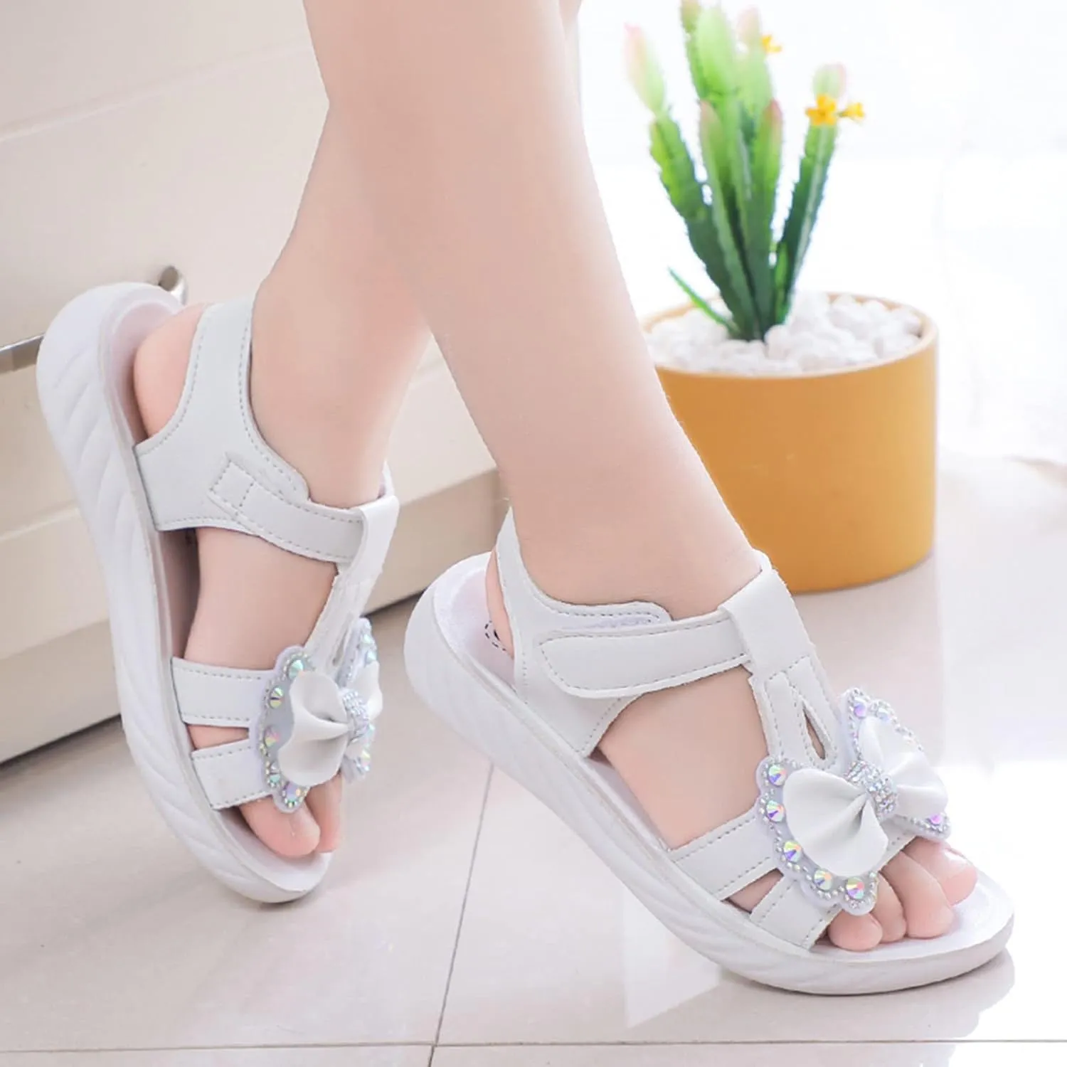 Toddler Children Girls Sandals Bow School Dress Shoes Close Back Round Toe Anti-Slip Platform Flat Sandal
