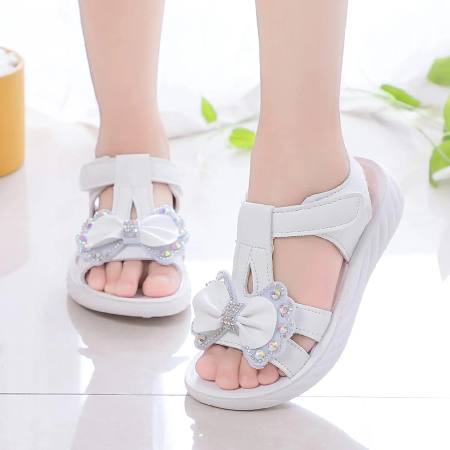 Toddler Children Girls Sandals Bow School Dress Shoes Close Back Round Toe Anti-Slip Platform Flat Sandal