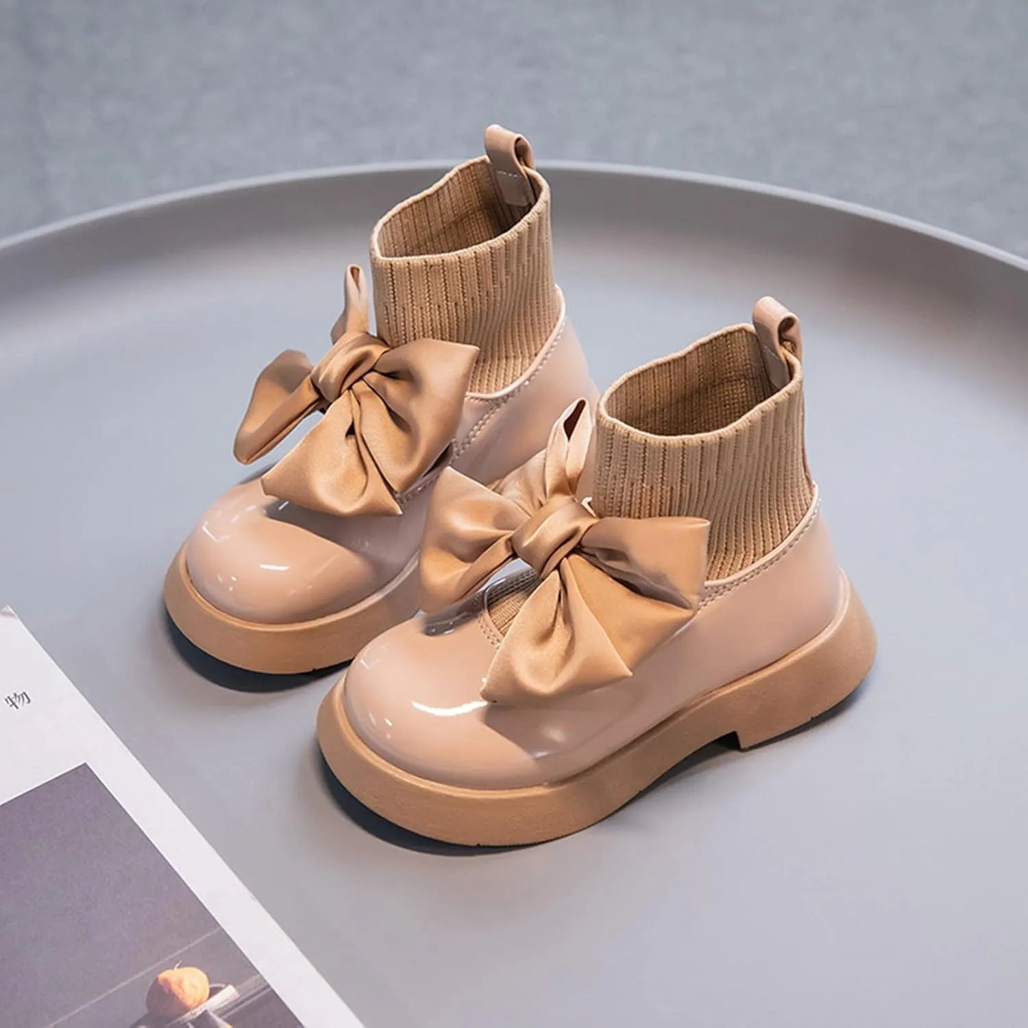 Toddler Girls Mary Jane Flat Ankle Boots Socks Shoes Fashion Sweet Chunky Leather Dress Shoes for Little/Big Kids