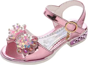 Toddler Girls Sandals-Kids Dress Shoes Slip-On Open Toe Flat Sandal Rhinestone Strappy Bow Ankle Buckle Glitter (Pink, 3.5-4 Years Toddler)