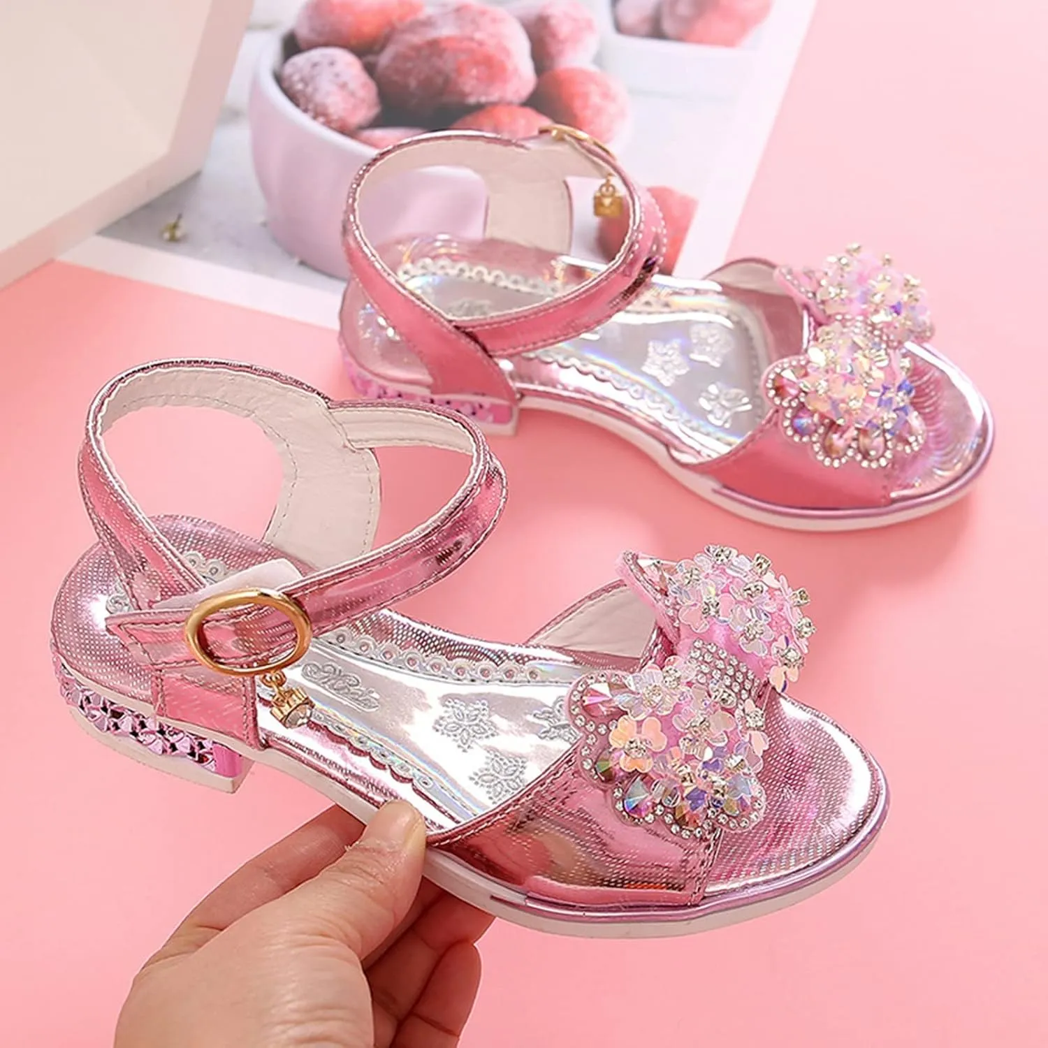 Toddler Girls Sandals-Kids Dress Shoes Slip-On Open Toe Flat Sandal Rhinestone Strappy Bow Ankle Buckle Glitter (Pink, 3.5-4 Years Toddler)