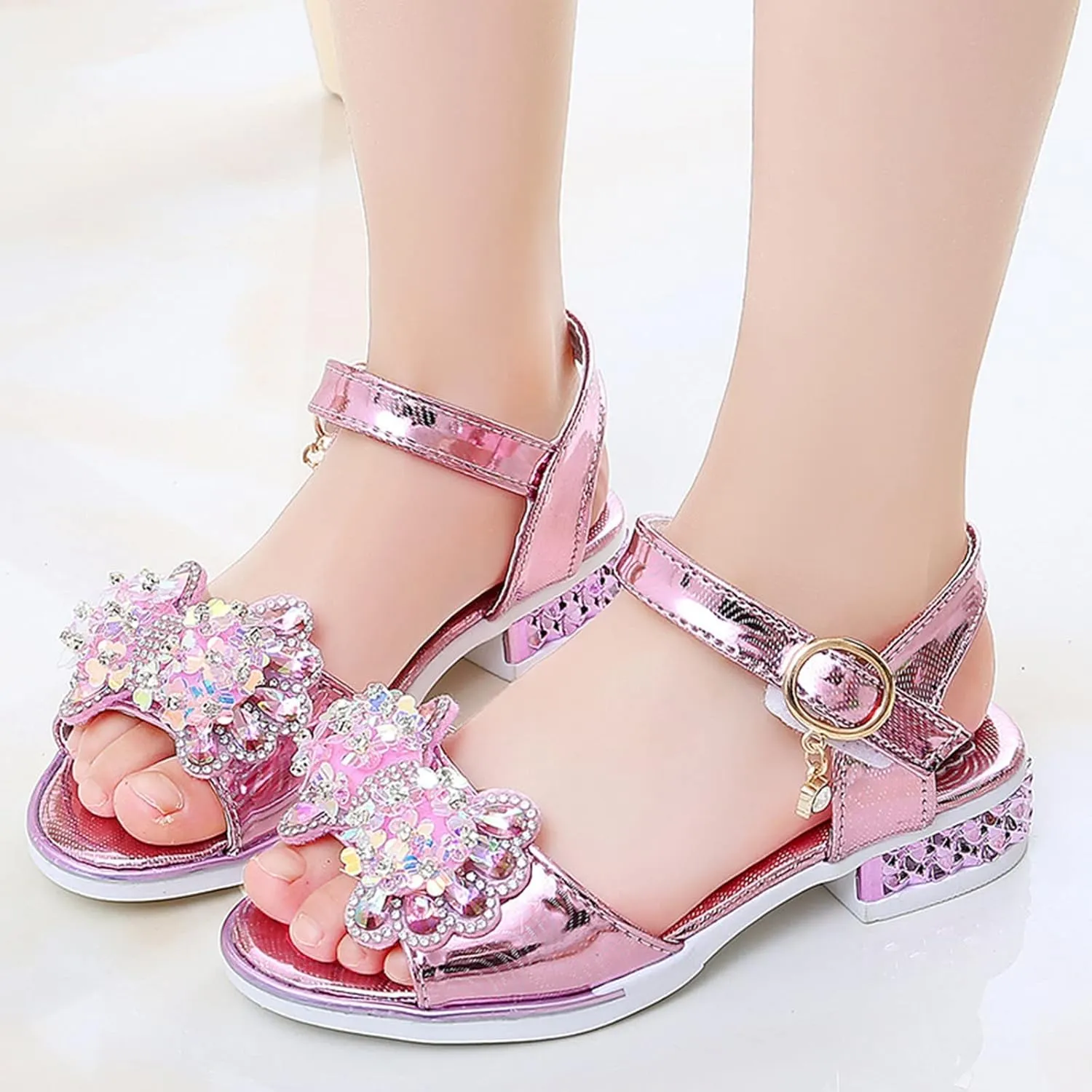 Toddler Girls Sandals-Kids Dress Shoes Slip-On Open Toe Flat Sandal Rhinestone Strappy Bow Ankle Buckle Glitter (Pink, 3.5-4 Years Toddler)