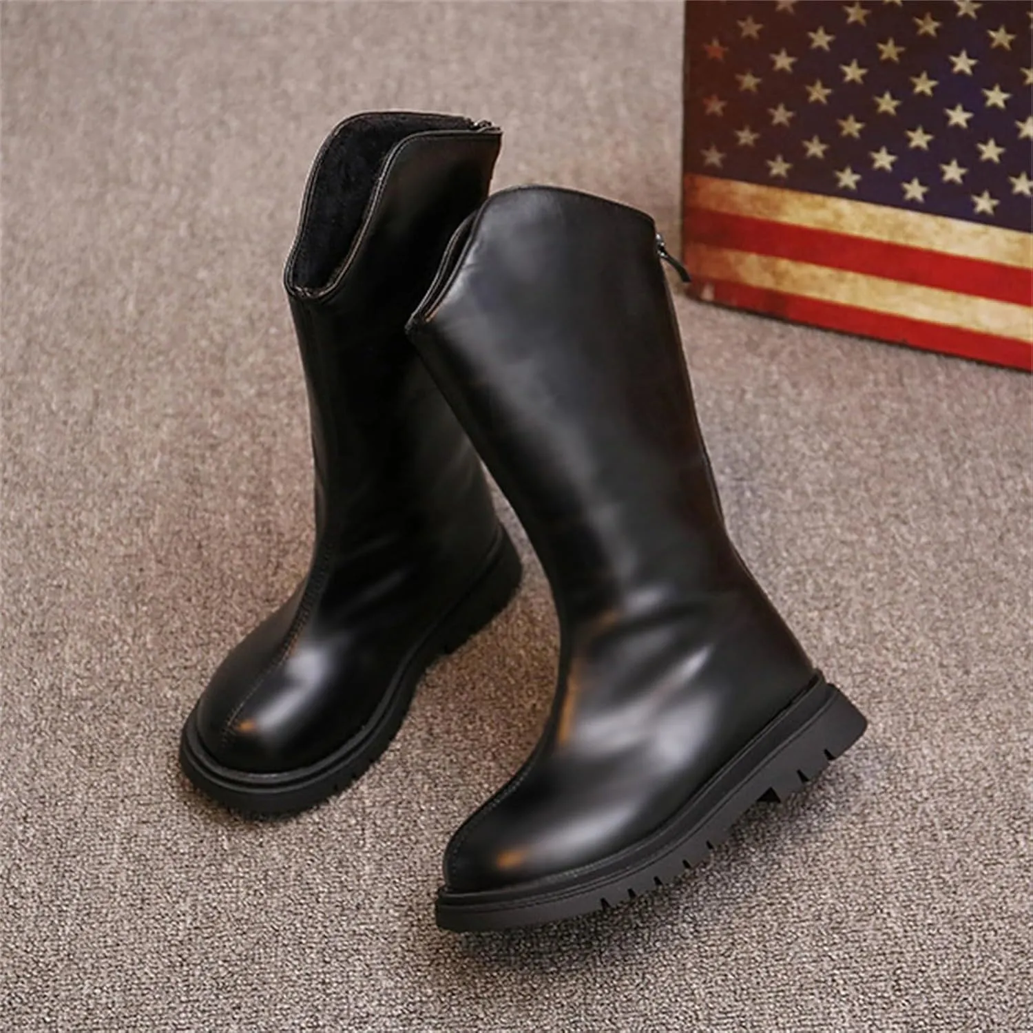Winter Girls Mid Leg Boots Solid Color Zipper Classic Leather School Working Shoes for Kids Fashion Riding Shoes