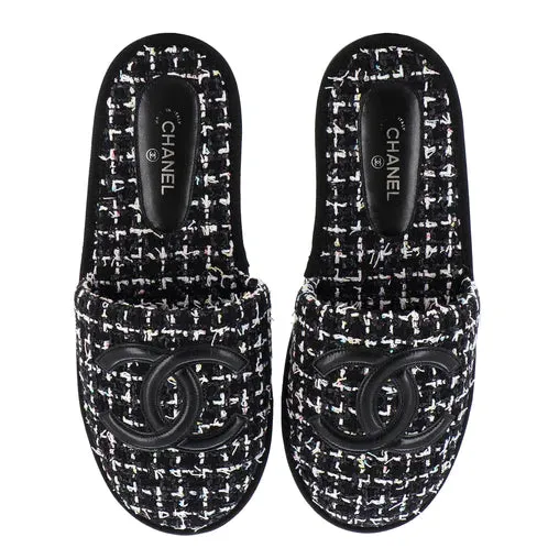 Women's CC Mules Tweed Slippers Black & White- Jackie Z Style Co.