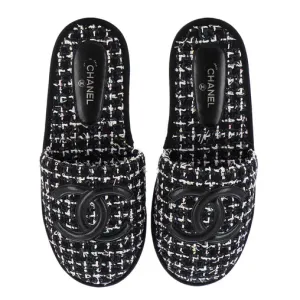 Women's CC Mules Tweed Slippers Black & White- Jackie Z Style Co.