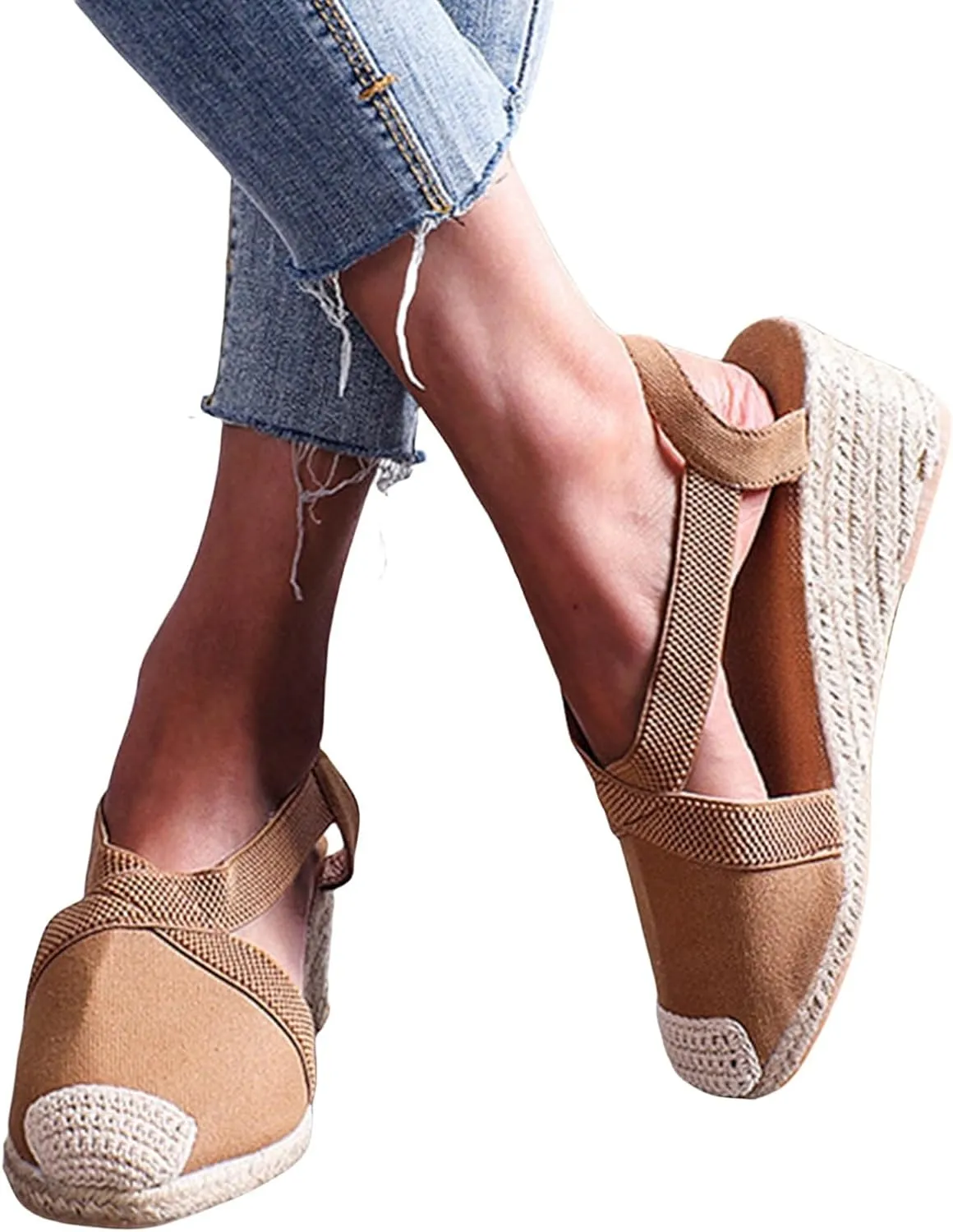 Women's Closed Toe Platform Sandals Elastic Ankle Strap Espadrilles Wedge Shoes Criss Cross Platform Wedges Sandal Summer Dressy Shoe Straw Woven Shoes Business Casual Sandals
