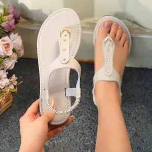 Women's Elastic Slip-On Round Toe Flat Sandals With Rivets, Hollow Out Toe Slippers, Outdoor Flat Slides