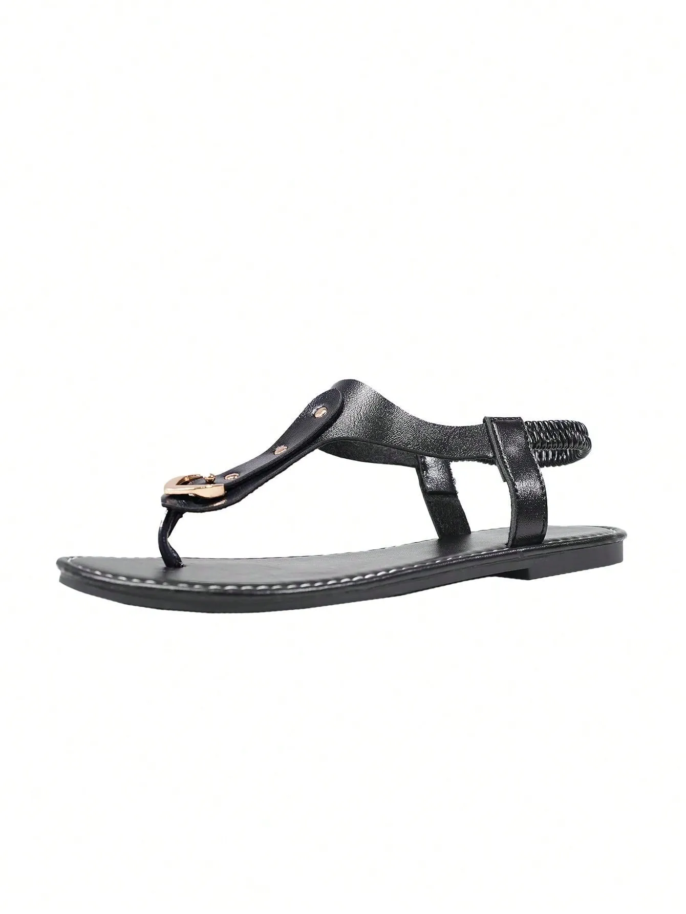 Women's Elastic Slip-On Round Toe Flat Sandals With Rivets, Hollow Out Toe Slippers, Outdoor Flat Slides