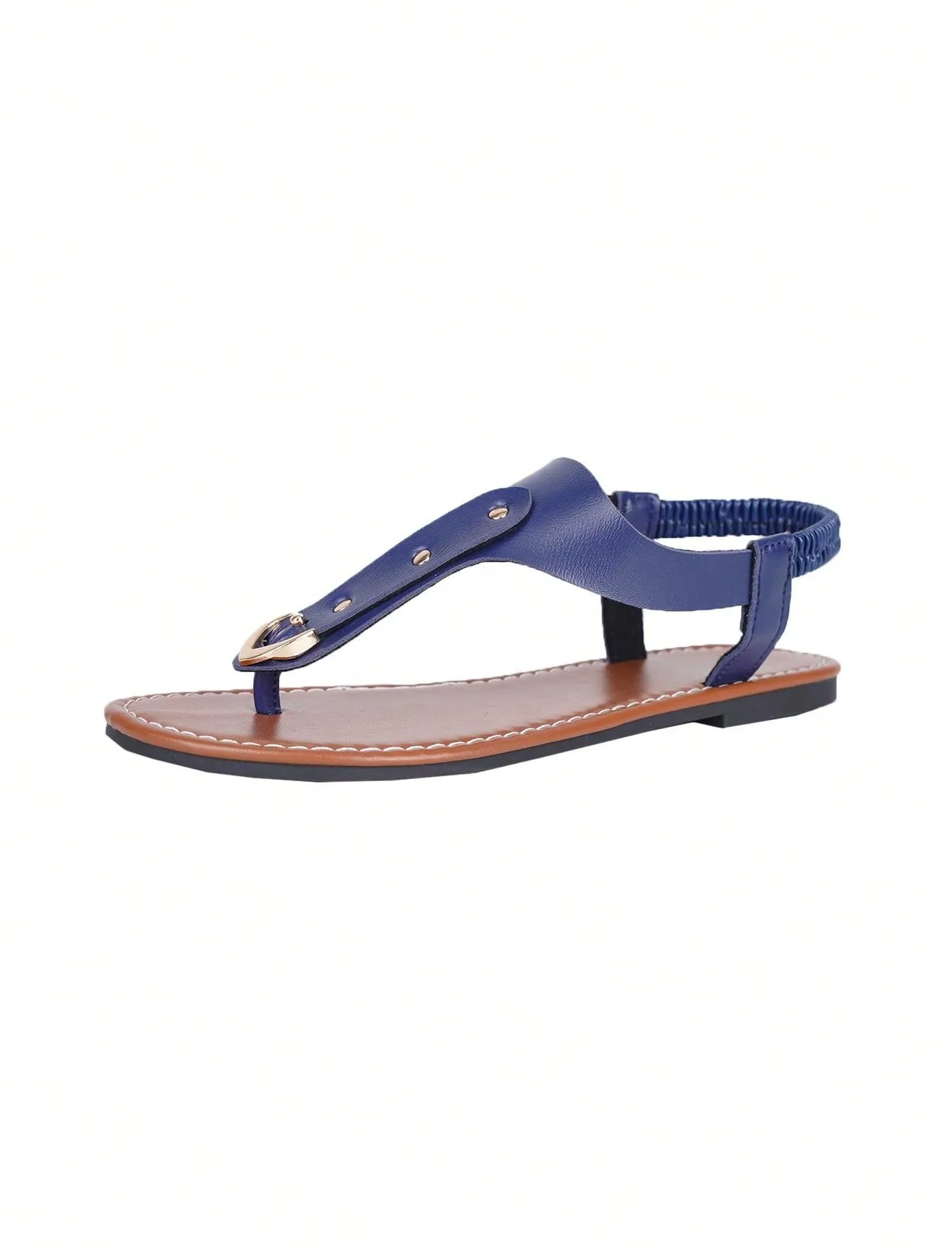 Women's Elastic Slip-On Round Toe Flat Sandals With Rivets, Hollow Out Toe Slippers, Outdoor Flat Slides