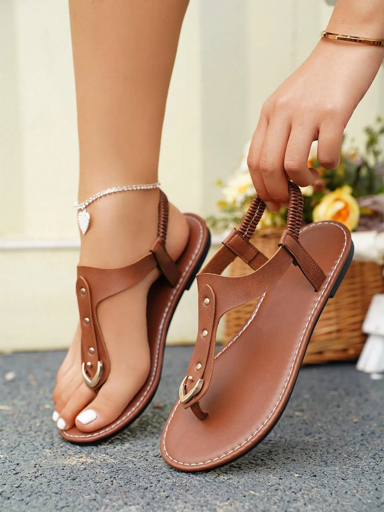 Women's Elastic Slip-On Round Toe Flat Sandals With Rivets, Hollow Out Toe Slippers, Outdoor Flat Slides
