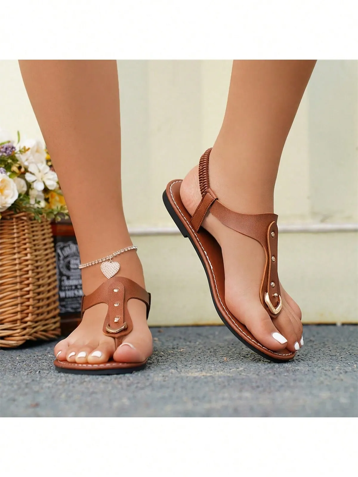 Women's Elastic Slip-On Round Toe Flat Sandals With Rivets, Hollow Out Toe Slippers, Outdoor Flat Slides