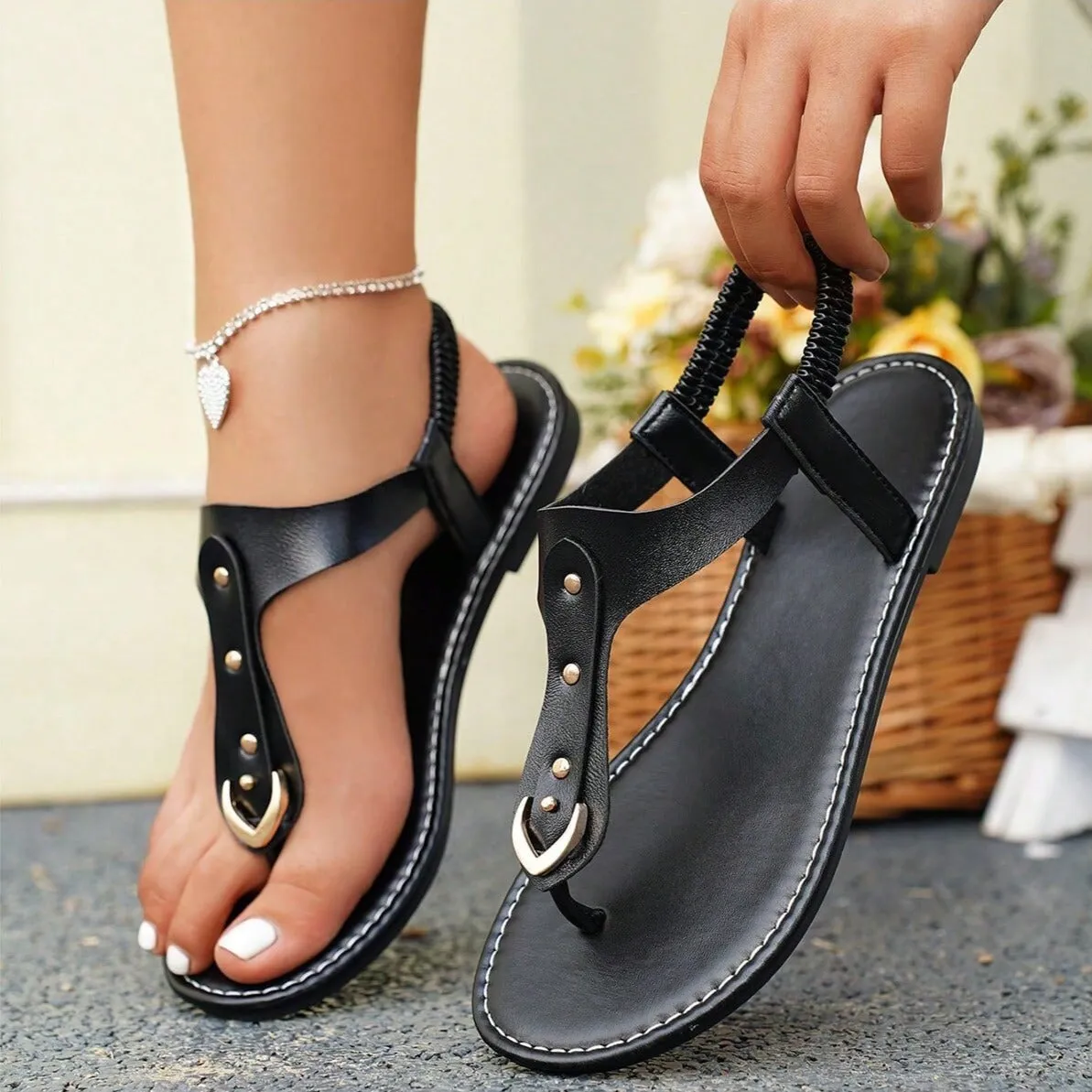 Women's Elastic Slip-On Round Toe Flat Sandals With Rivets, Hollow Out Toe Slippers, Outdoor Flat Slides