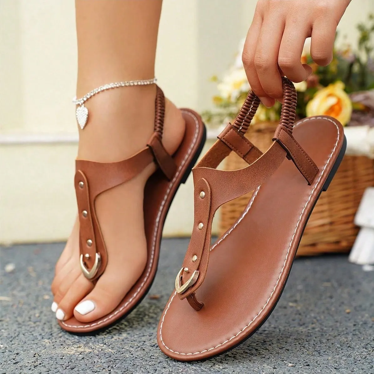 Women's Elastic Slip-On Round Toe Flat Sandals With Rivets, Hollow Out Toe Slippers, Outdoor Flat Slides