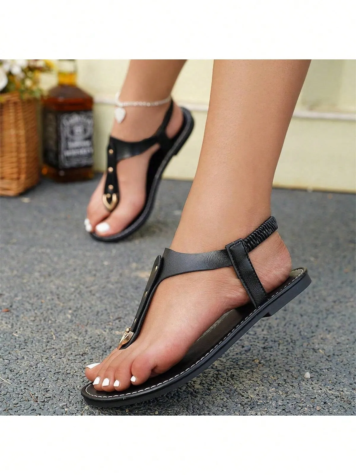 Women's Elastic Slip-On Round Toe Flat Sandals With Rivets, Hollow Out Toe Slippers, Outdoor Flat Slides