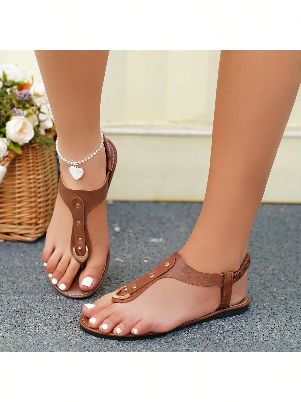 Women's Elastic Slip-On Round Toe Flat Sandals With Rivets, Hollow Out Toe Slippers, Outdoor Flat Slides
