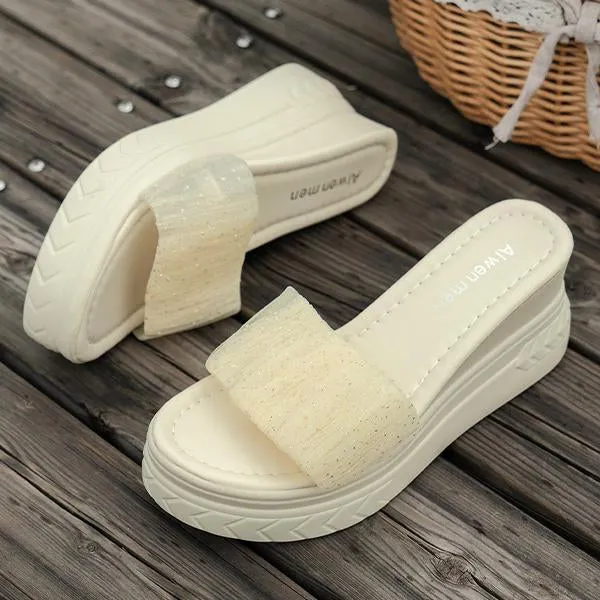 Women's Fashionable Pleated Flash Wedge Slippers 94717692S