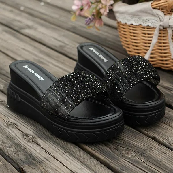 Women's Fashionable Pleated Flash Wedge Slippers 94717692S