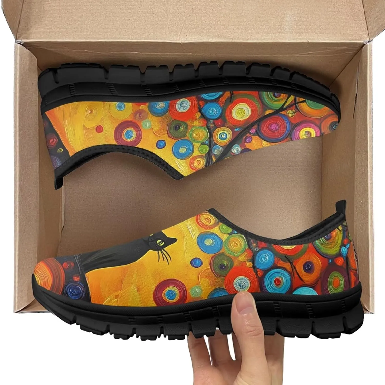 Women's Mesh Shoes Cat Print Non-Slip Athletic Sport Sneakers Soft Running Sneakers Cozy Breathable Walking Loafers for Outdoor