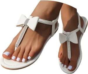 Women'S Open Toe Flat Slip On Rhinestone Sandals 2025 Summer Casual Fashionable Bohemian Bow Decoration Flip Flops Comfortable Hollow Out Elastic T Strap Beach Vacation Walking Outdoor Sandal