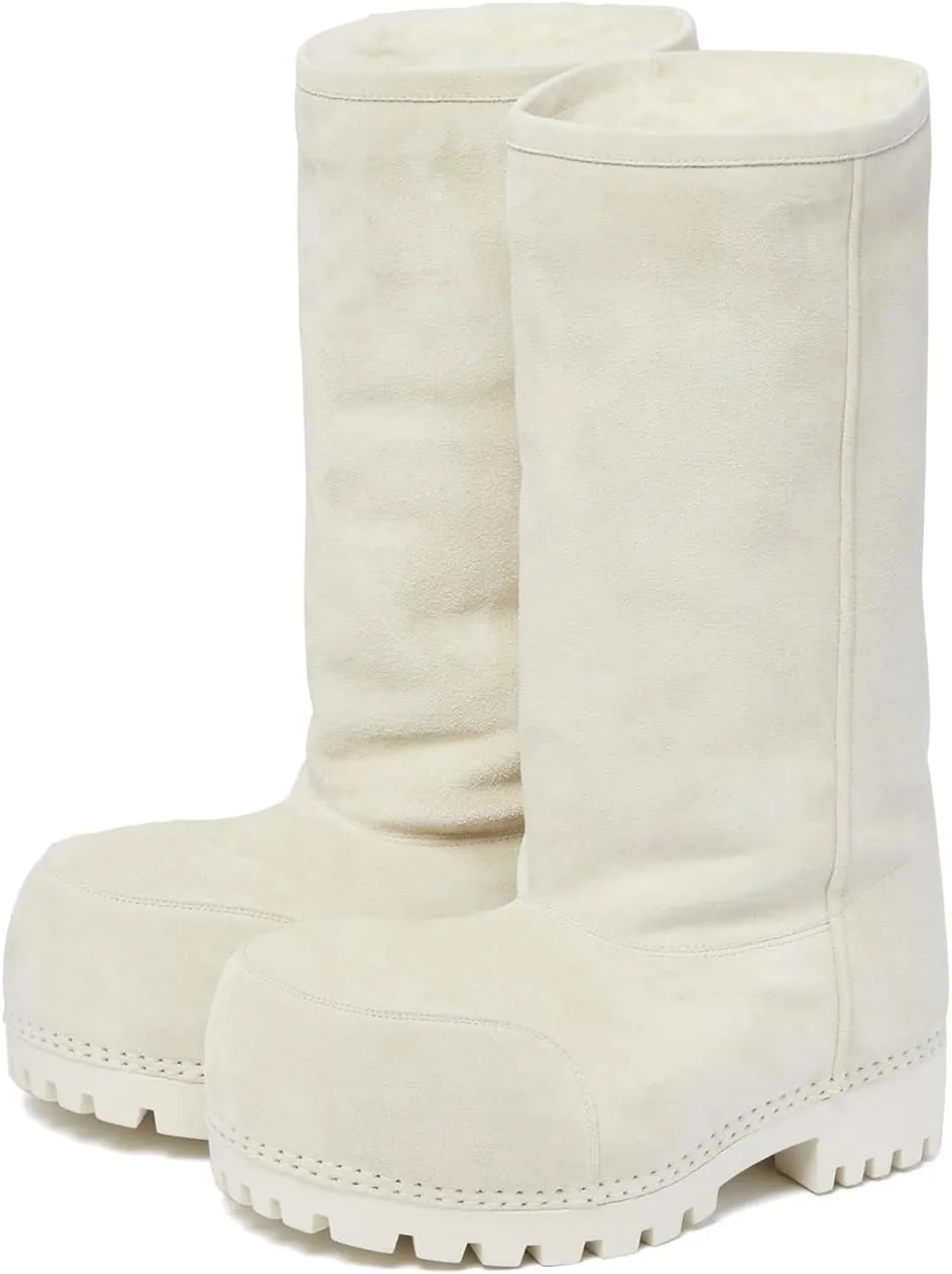 Women's Platform Snow Boots Suede Fur Hippy Mid Calf Winter Boots Classic Slip On Comfortable High Boots Chunky Trending Shoes