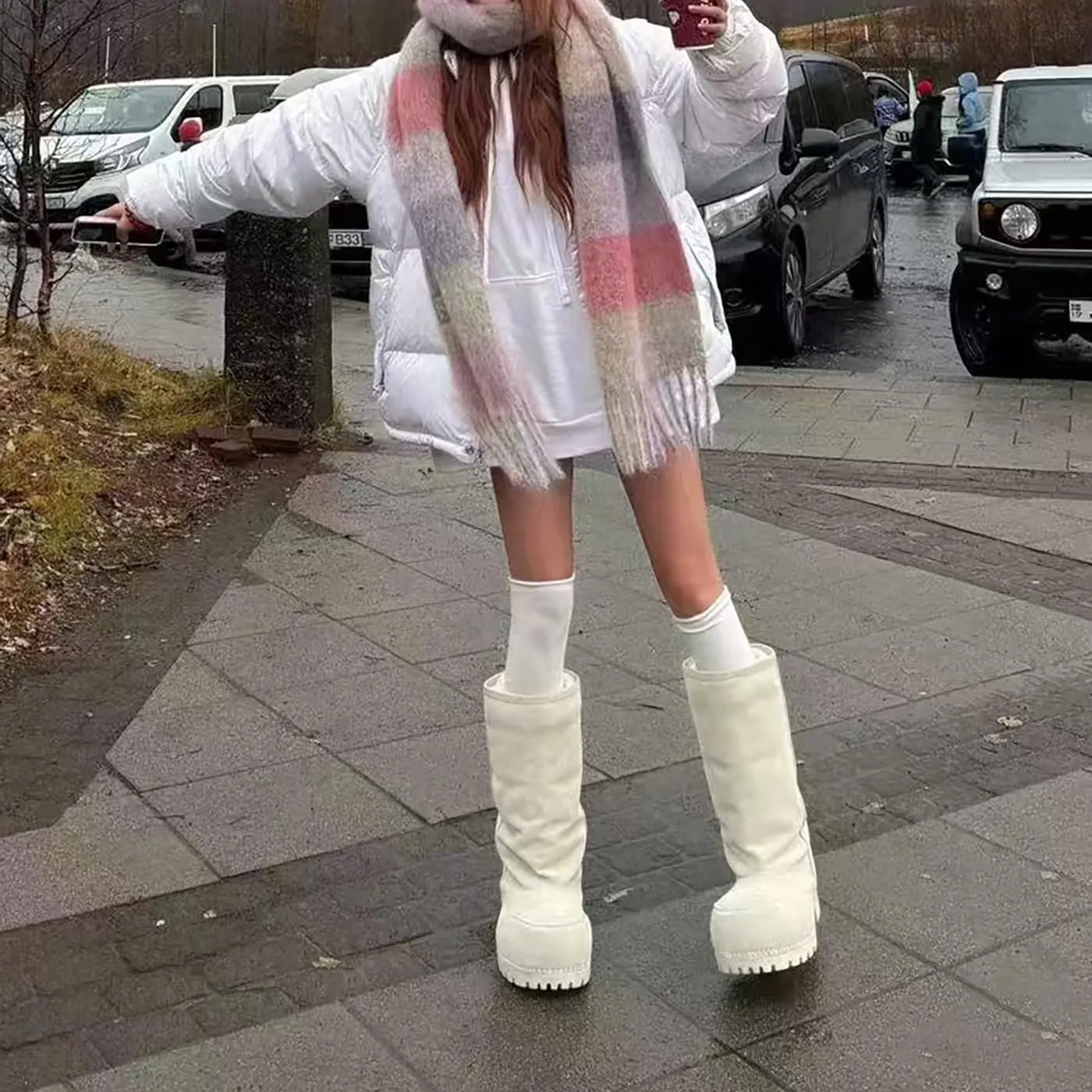 Women's Platform Snow Boots Suede Fur Hippy Mid Calf Winter Boots Classic Slip On Comfortable High Boots Chunky Trending Shoes