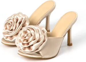 Women's Stilettos High Heels Mules Sandals Open Round Toe Slip On Backless Sexy Flowers Dress Pumps Evening Party Prom Shoes