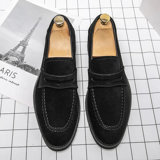 xiangtuibao Fashion Loafers Men Shoes Classic Versatile Business Casual Everyday Square Toe Stitches Faux Suede Solid Color Dress Shoes